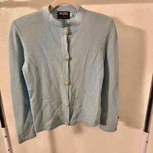 Vintage Powder Blue Crystal Embellished Knit Cardigan Size 8 Petite